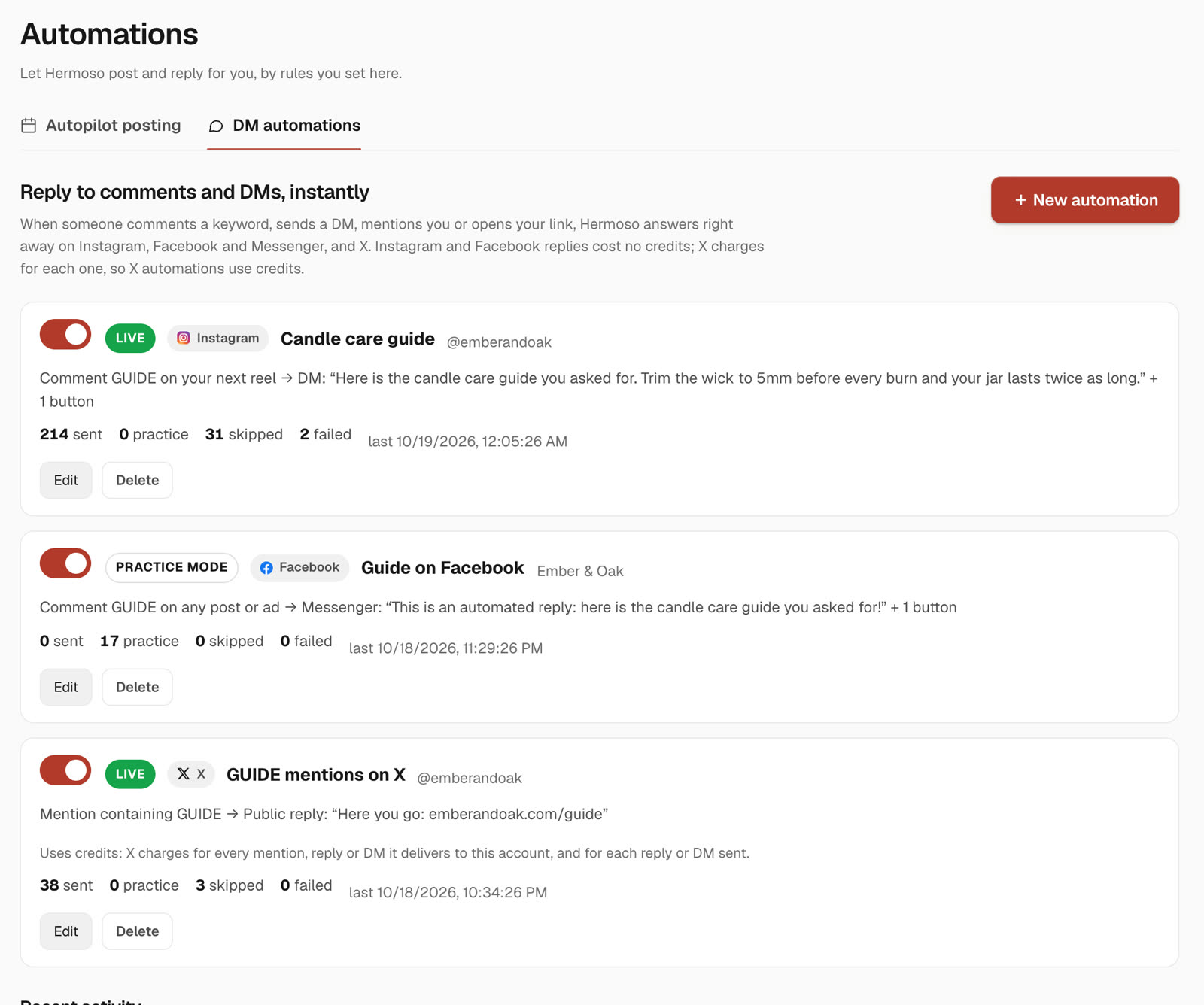The Hermoso Automations page with three DM automations: a live Instagram comment-to-DM rule with 214 sent, a Facebook rule in practice mode with 17 practice sends, and a live X mention rule