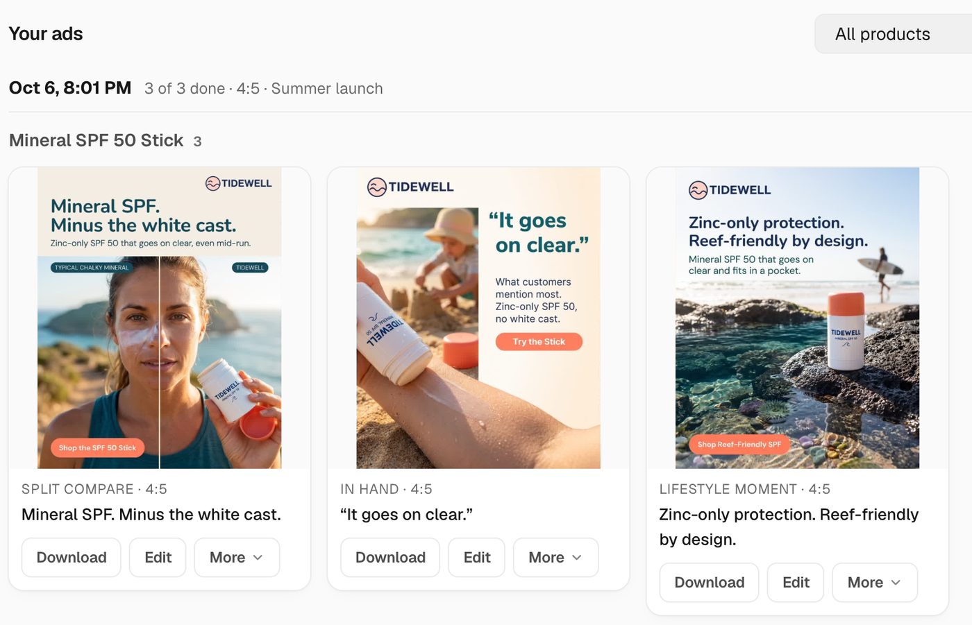 Three finished static ads for a sunscreen stick from one Ads Studio batch, each in a different layout
