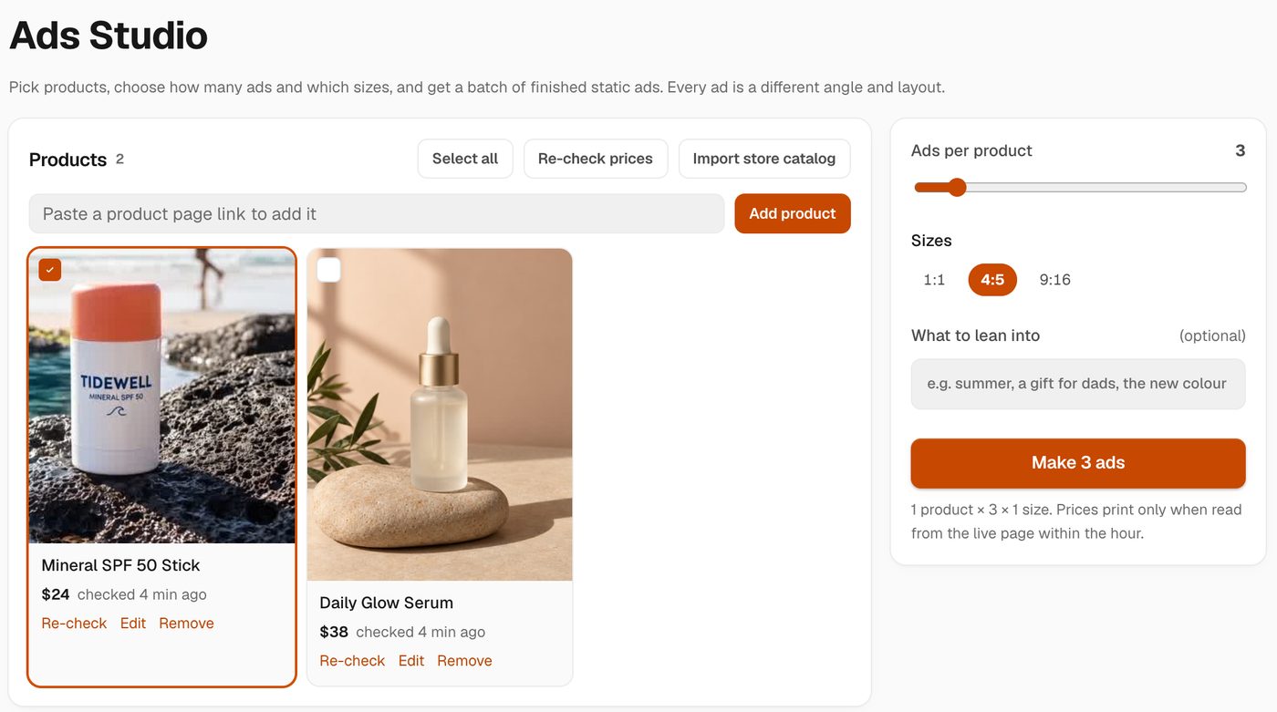 Hermoso Ads Studio with two products, ads per product, sizes and a Make button