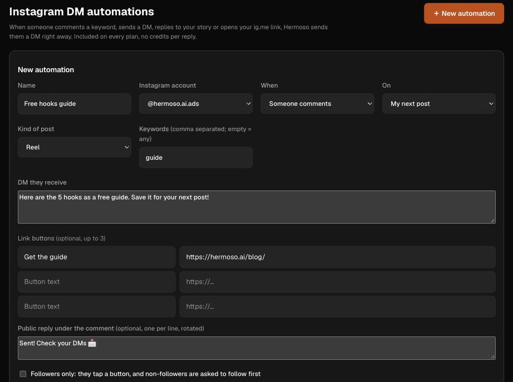 Creating an Instagram comment to DM automation in Hermoso