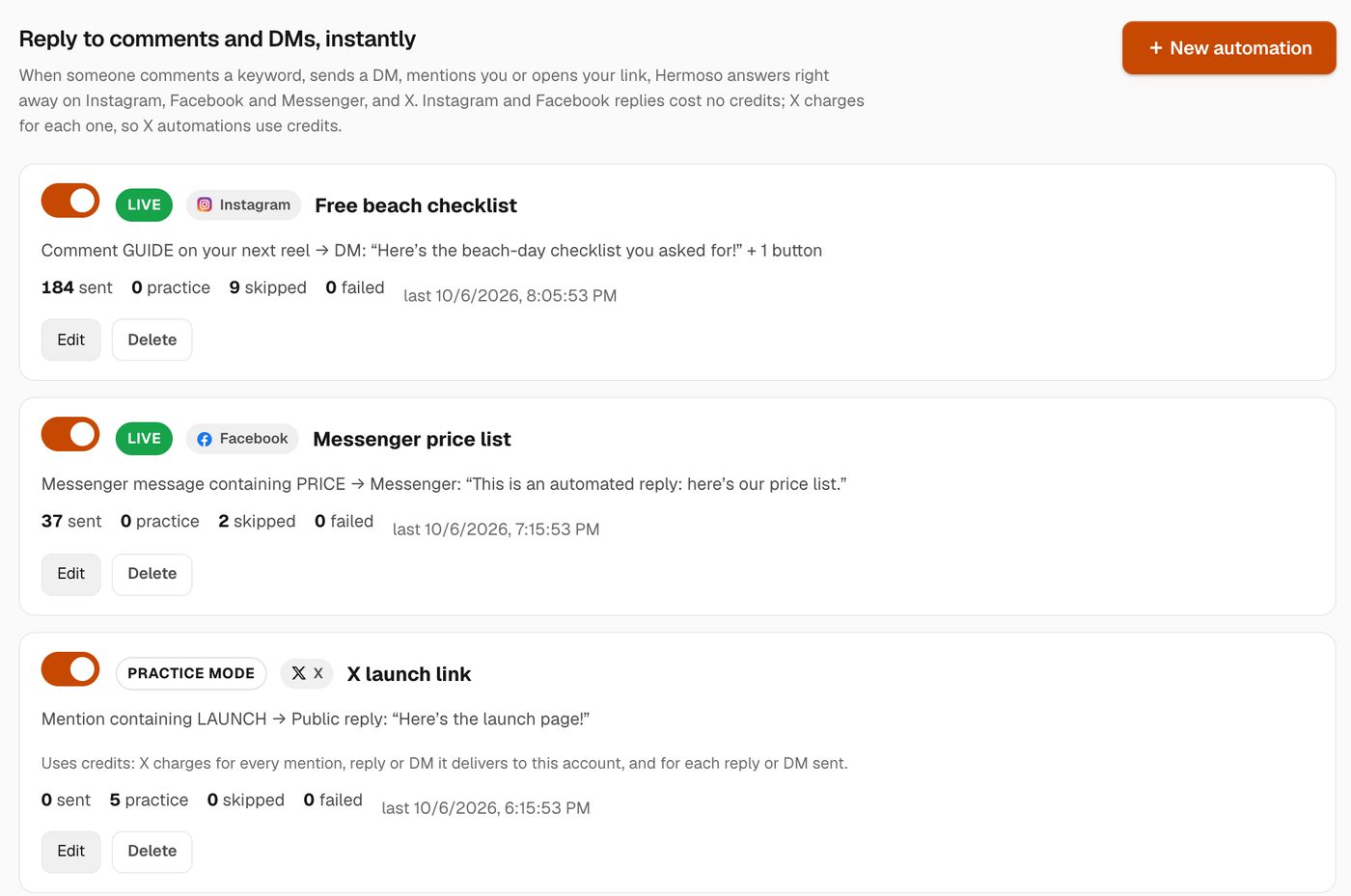 Three DM automations in Hermoso: an Instagram comment rule, a Messenger keyword rule and an X mention rule in practice mode