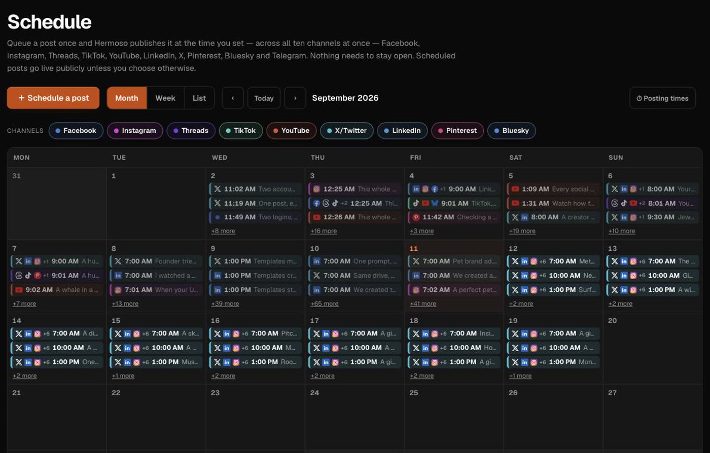 The Hermoso content calendar with posts scheduled across several channels