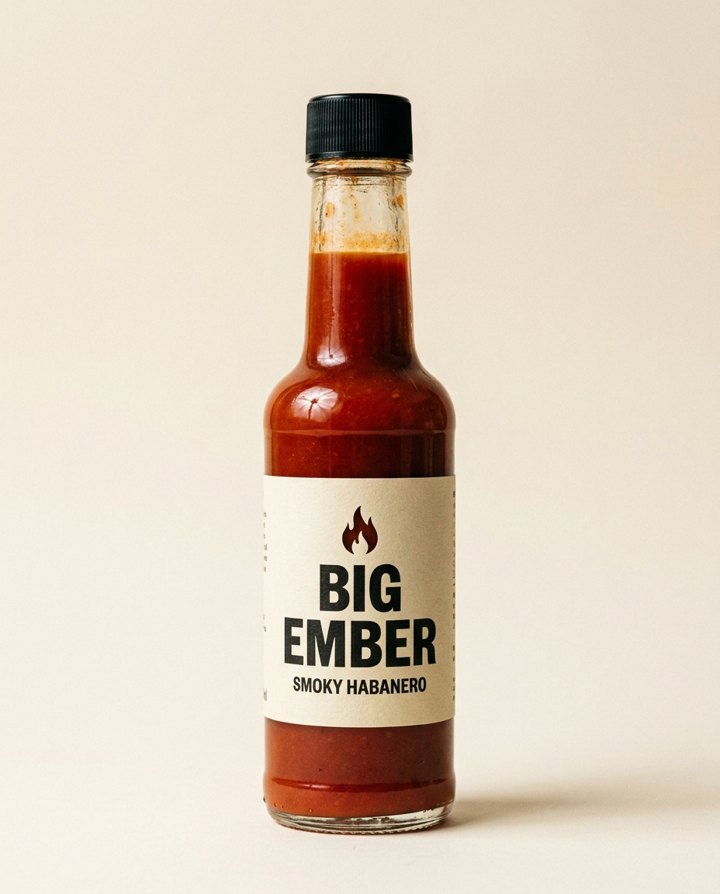 A plain studio photo of a Big Ember smoky habanero hot sauce bottle