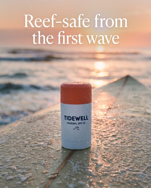 Nano Banana 2.1 sample: the brand's real sunscreen stick on a surfboard at sunrise, label kept word for word