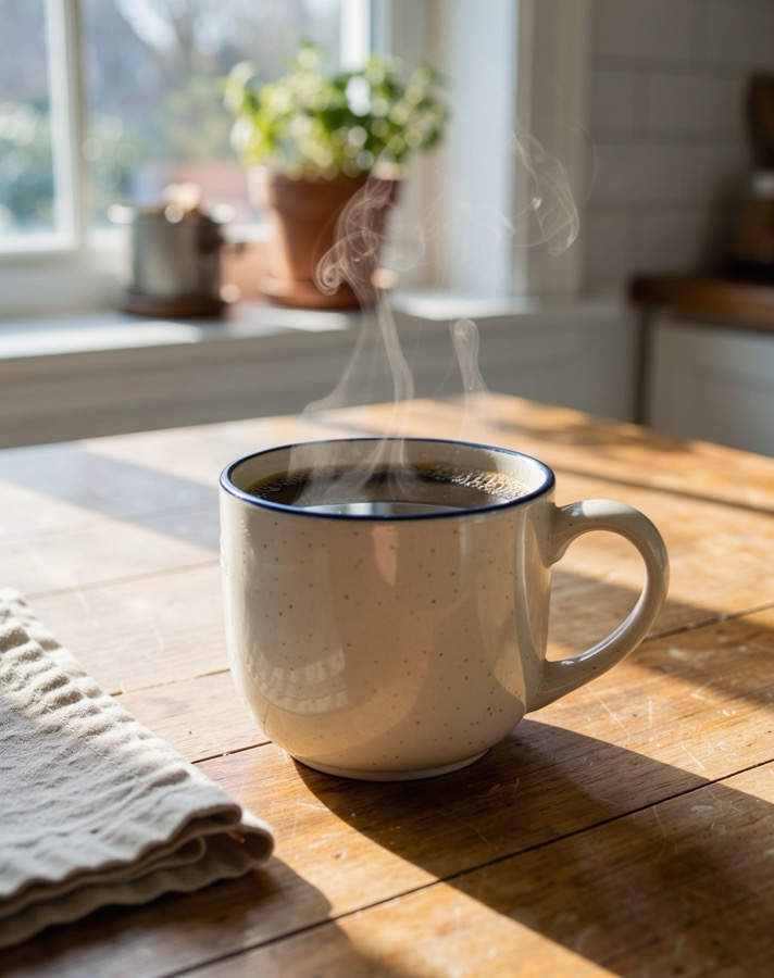 A ceramic mug of coffee in morning light on a wooden table