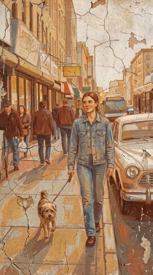 The same street scene restyled as ancient fresco