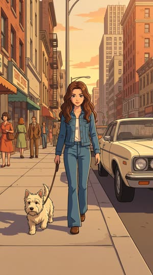 The same street scene restyled as cel-shaded cg anime