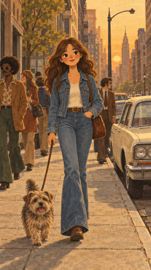 The same street scene restyled as textured gouache characters