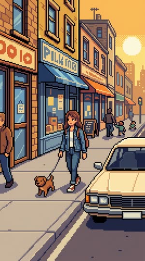 The same street scene restyled as 16-bit pixel art