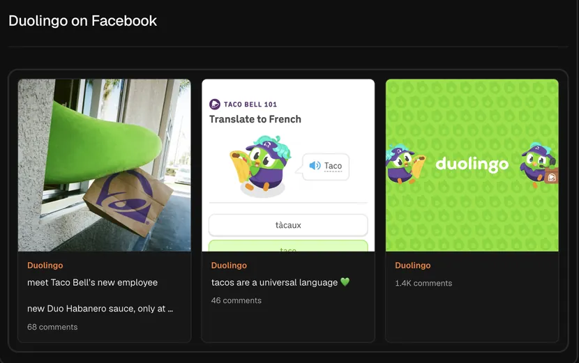 A real lookup in Hermoso: Duolingo's latest Facebook page posts and their comments.