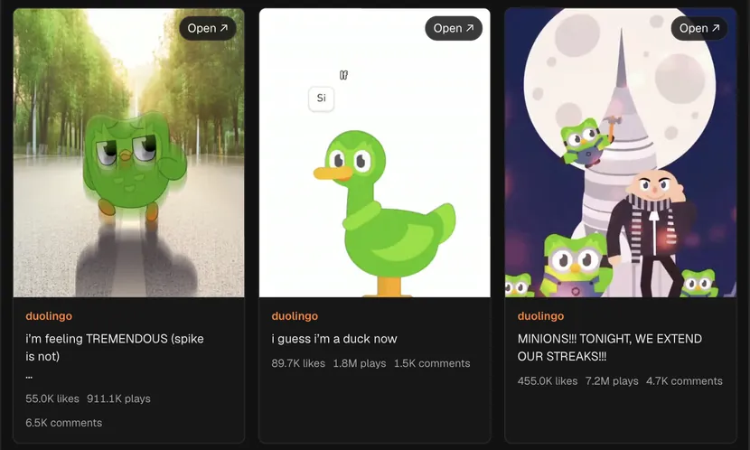 Isang totoong lookup sa Hermoso: ang mga kamakailang Instagram Reels ng Duolingo kasama ang likes, plays at comments.