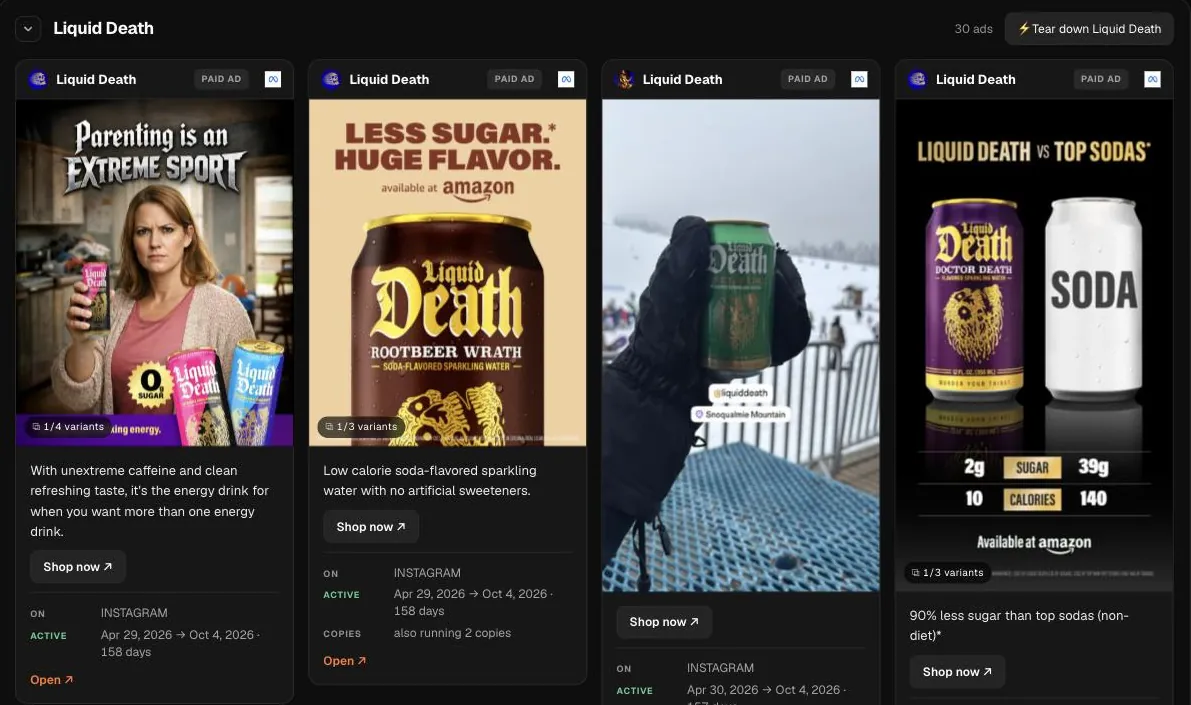 A real search in Hermoso: Liquid Death's Meta ads, longest running first.