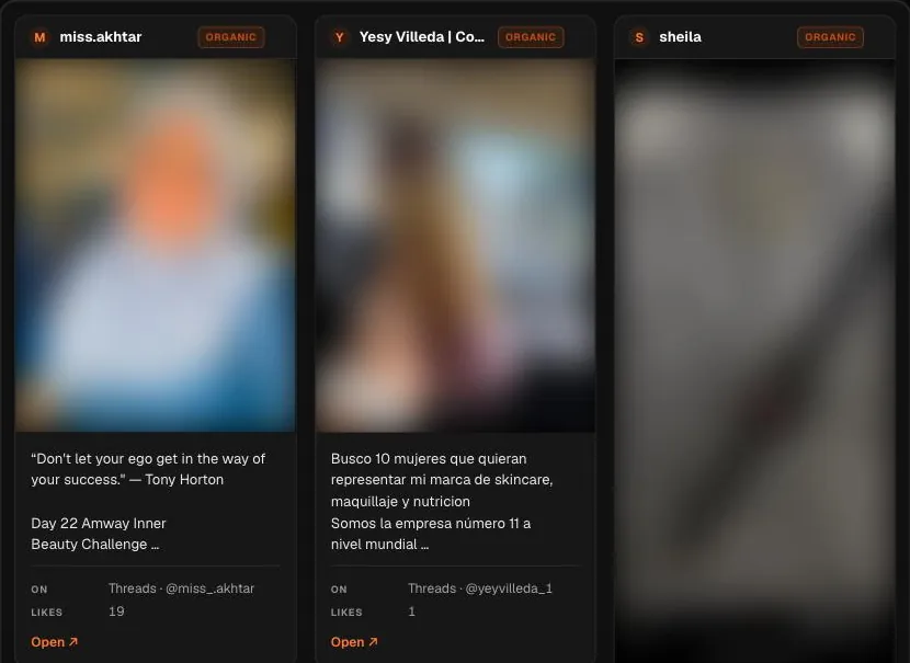 A real search in Hermoso: Threads posts about skincare. People's photos are blurred here.