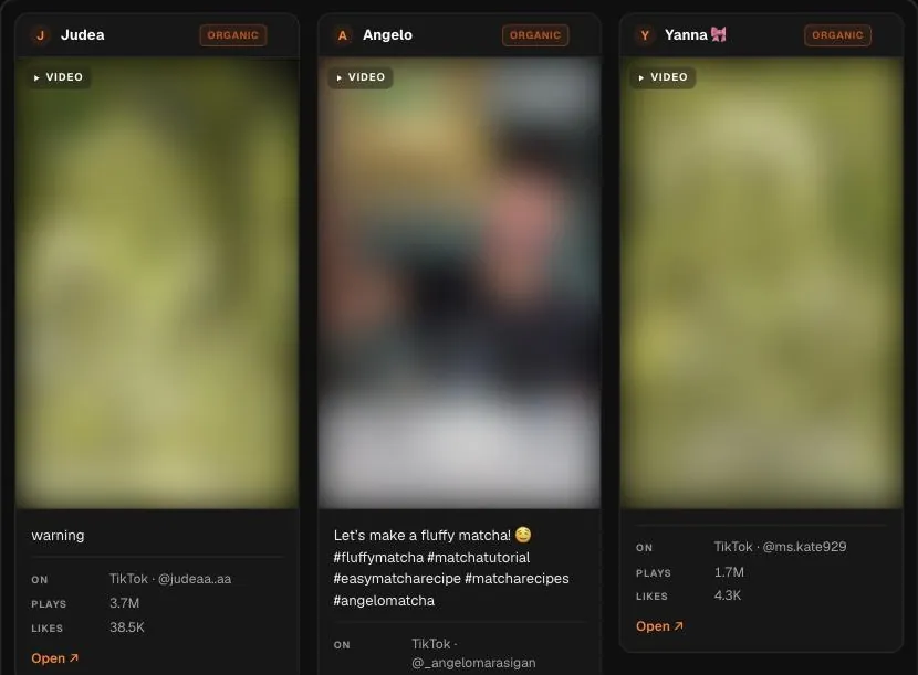 A real search in Hermoso: the top TikTok videos for #matcha. People's videos are blurred here.