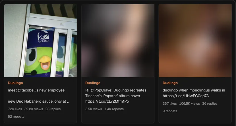 A real lookup in Hermoso: Duolingo's recent posts on X with views, likes, replies and reposts. Photos of people are blurred here.